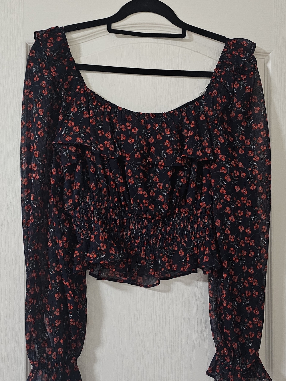 Dress Forum Black Blouse with Red Floral Print, Smocked Waist